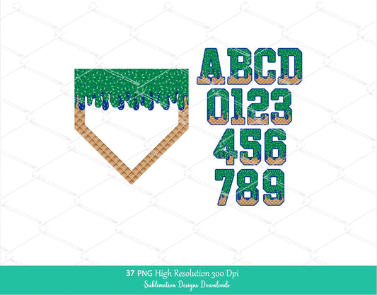 Green and Royal Blue Sprinkle Drip Home Plate Alphabet Set PNG Bundle, Drippy Ice cream Cone Waffle Trendy Sport Alpha Letters & Number 0-9 Png