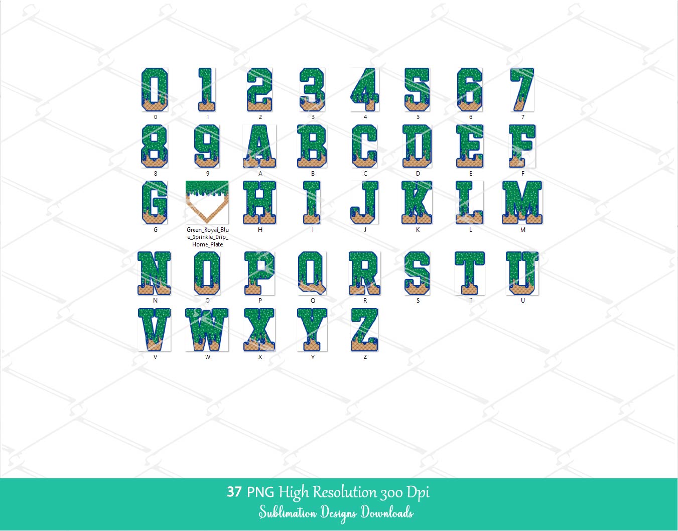 Green and Royal Blue Sprinkle Drip Home Plate Alphabet Set PNG Bundle, Drippy Ice cream Cone Waffle Trendy Sport Alpha Letters & Number 0-9 Png