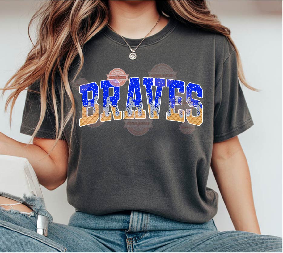 Braves Royal Blue Silver Grey Drip PNG, Arched Varsity Drippy Ice cream waffle Cone Mascot Sublimation Shirt Design
