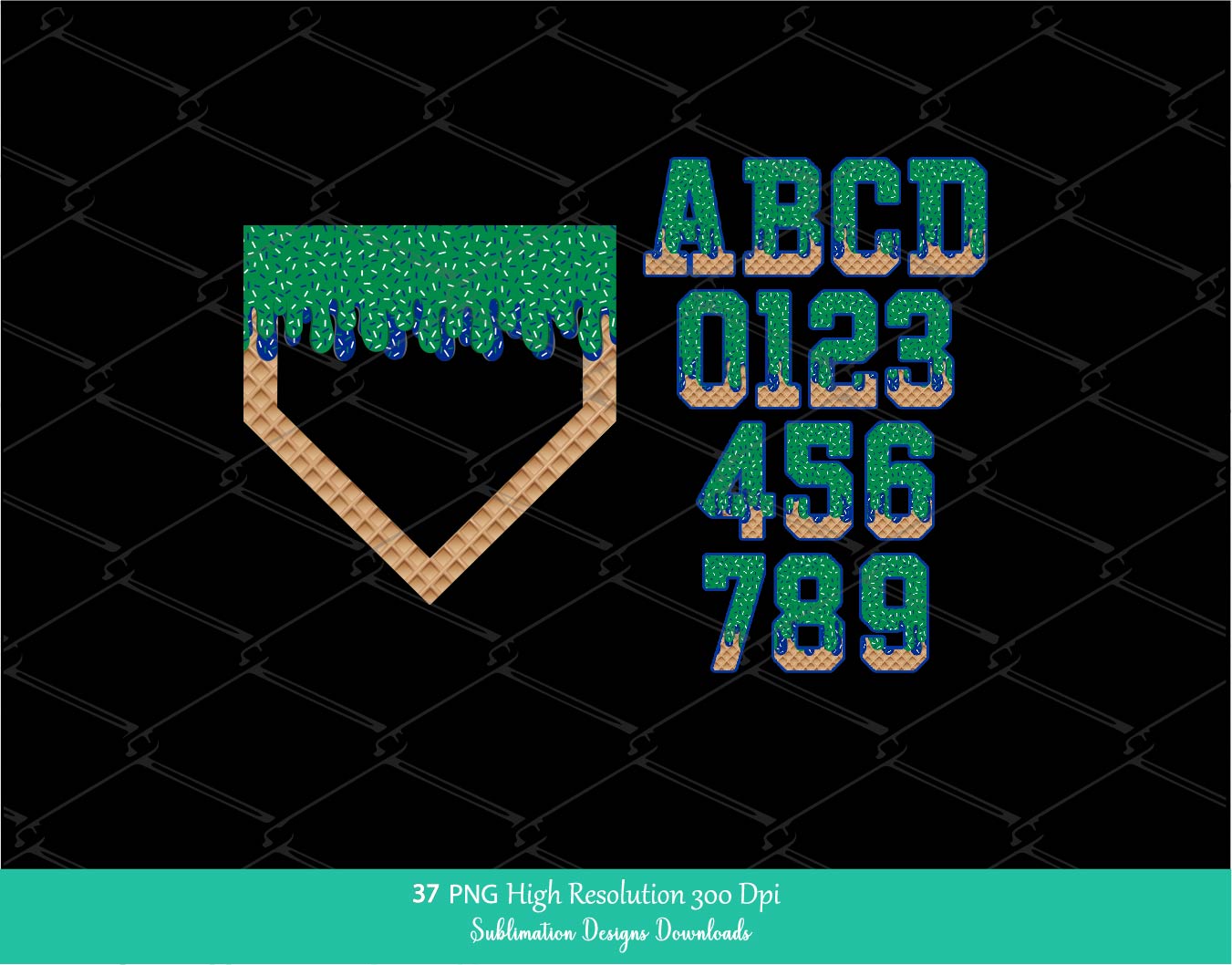 Green and Royal Blue Sprinkle Drip Home Plate Alphabet Set PNG Bundle, Drippy Ice cream Cone Waffle Trendy Sport Alpha Letters & Number 0-9 Png