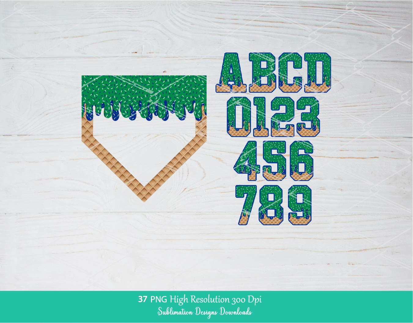 Green and Royal Blue Sprinkle Drip Home Plate Alphabet Set PNG Bundle, Drippy Ice cream Cone Waffle Trendy Sport Alpha Letters & Number 0-9 Png