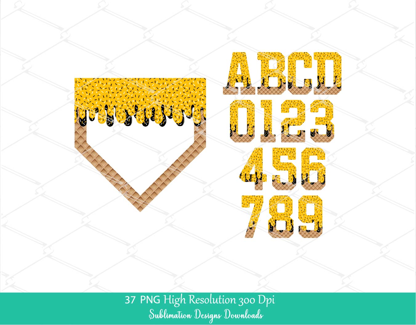 Gold Sprinkle Drip Home Plate Alphabet Set PNG Bundle, Mustard Yellow Drippy Ice cream Cone Waffle Trendy Sport Alpha Letters & Number 0-9 Png