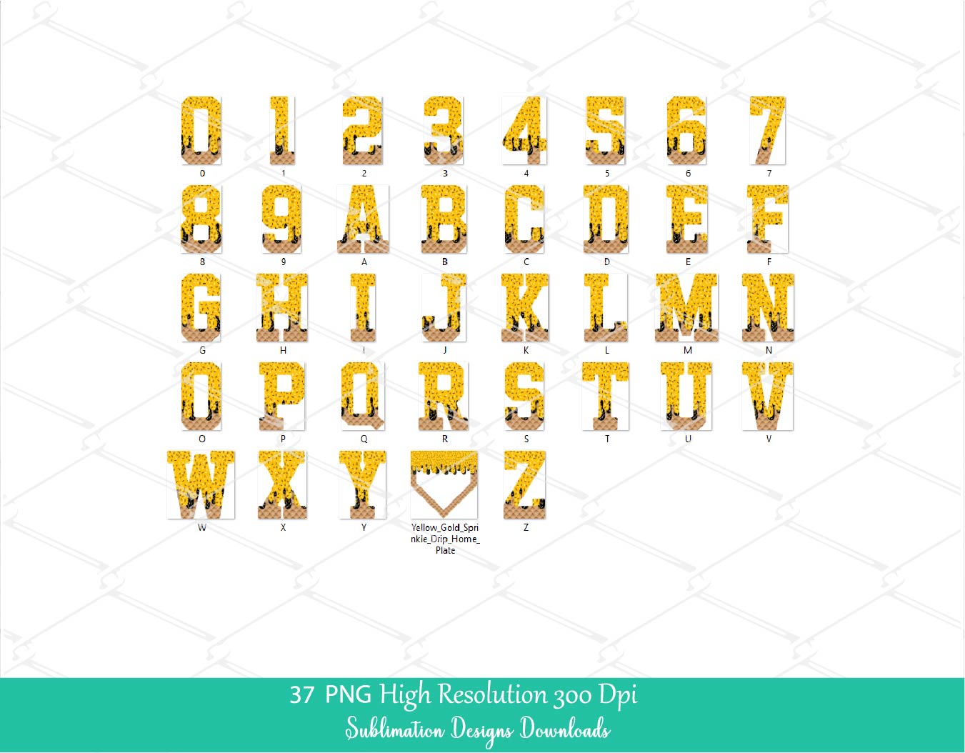 Gold Sprinkle Drip Home Plate Alphabet Set PNG Bundle, Mustard Yellow Drippy Ice cream Cone Waffle Trendy Sport Alpha Letters & Number 0-9 Png