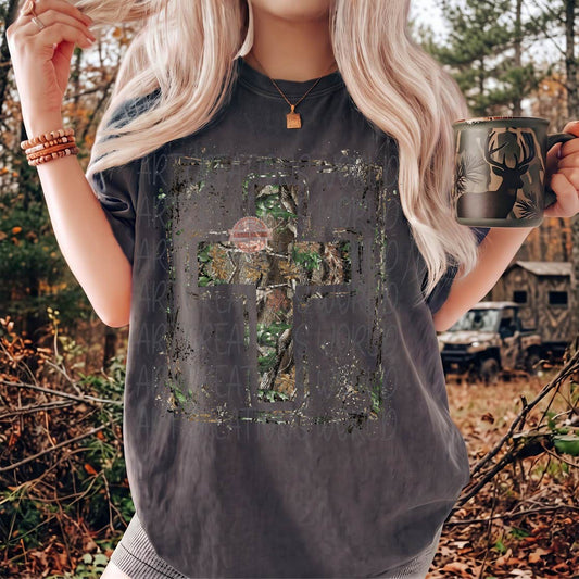 Camo Cross PNG, Distressed Woodland Camouflage Cross Sublimation Design, Christian Faith Hunting Shirt, Rustic Forest Camo Cross
