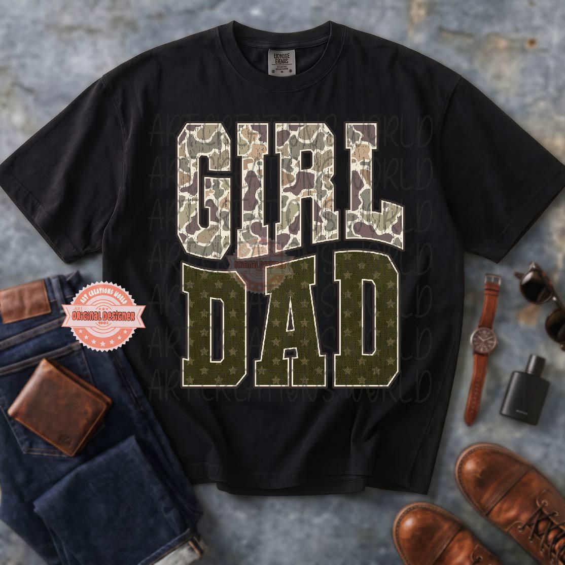 Camo Girl Dad PNG, Distressed Varsity Military Hunting Dad of Girls Sublimation Shirt Design