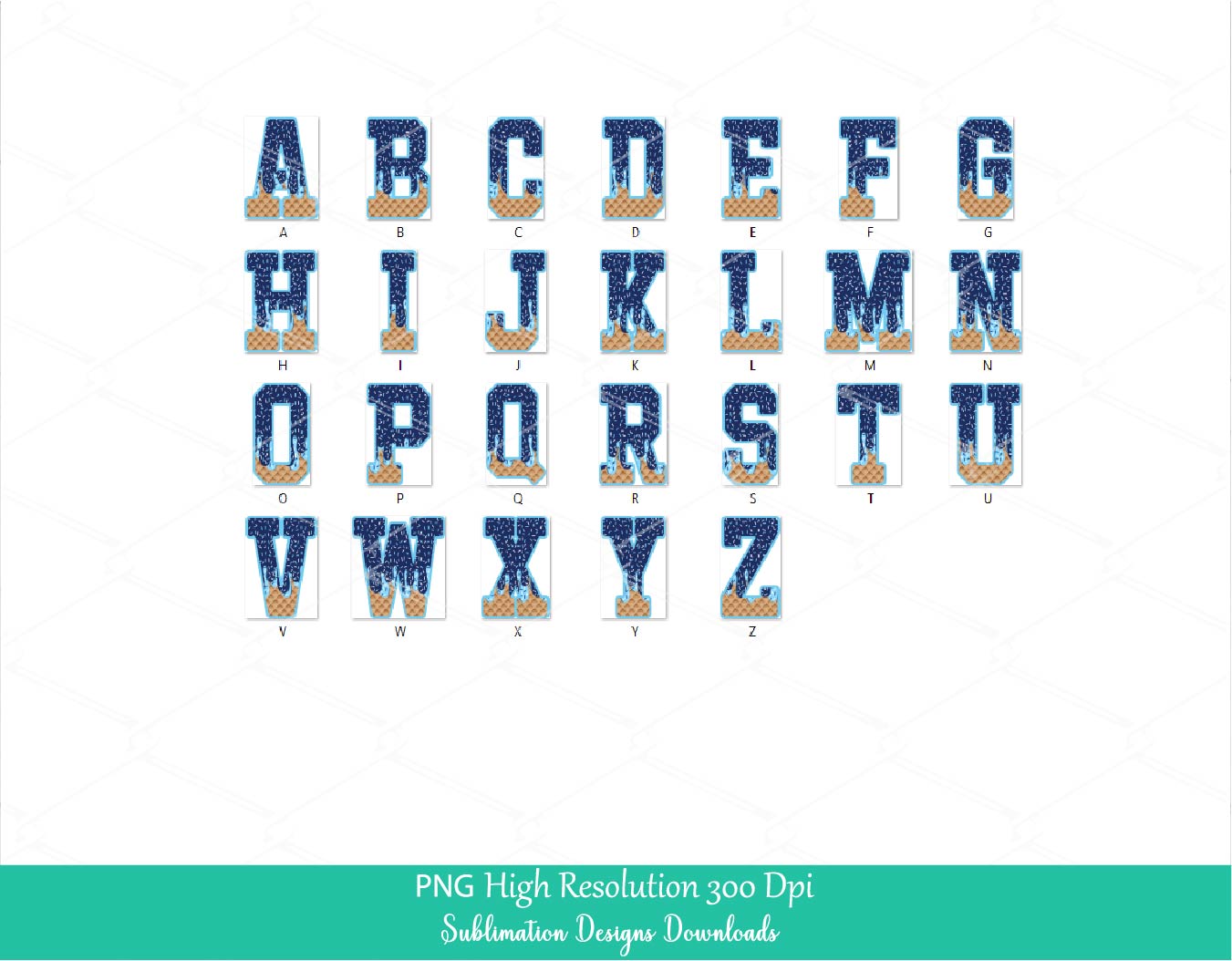 Navy & Light Blue Sprinkle Drip Alphabet PNG, Drippy Ice cream Cone Waffle Trendy Sport Baseball softball Letters clipart