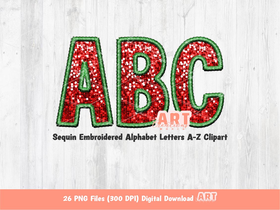 Christmas Sequin Letters PNG, Faux Embroidered Red and Green Glitter Sequins PNG Alphabet Set Clipart, Custom Team name Mascot colors Digital Download