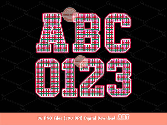 Preppy Christmas Plaid Alphabet PNG, Trendy Holiday Letters and Numbers Clipart, Red Green Pink Varsity Alpha Sublimation Bundle