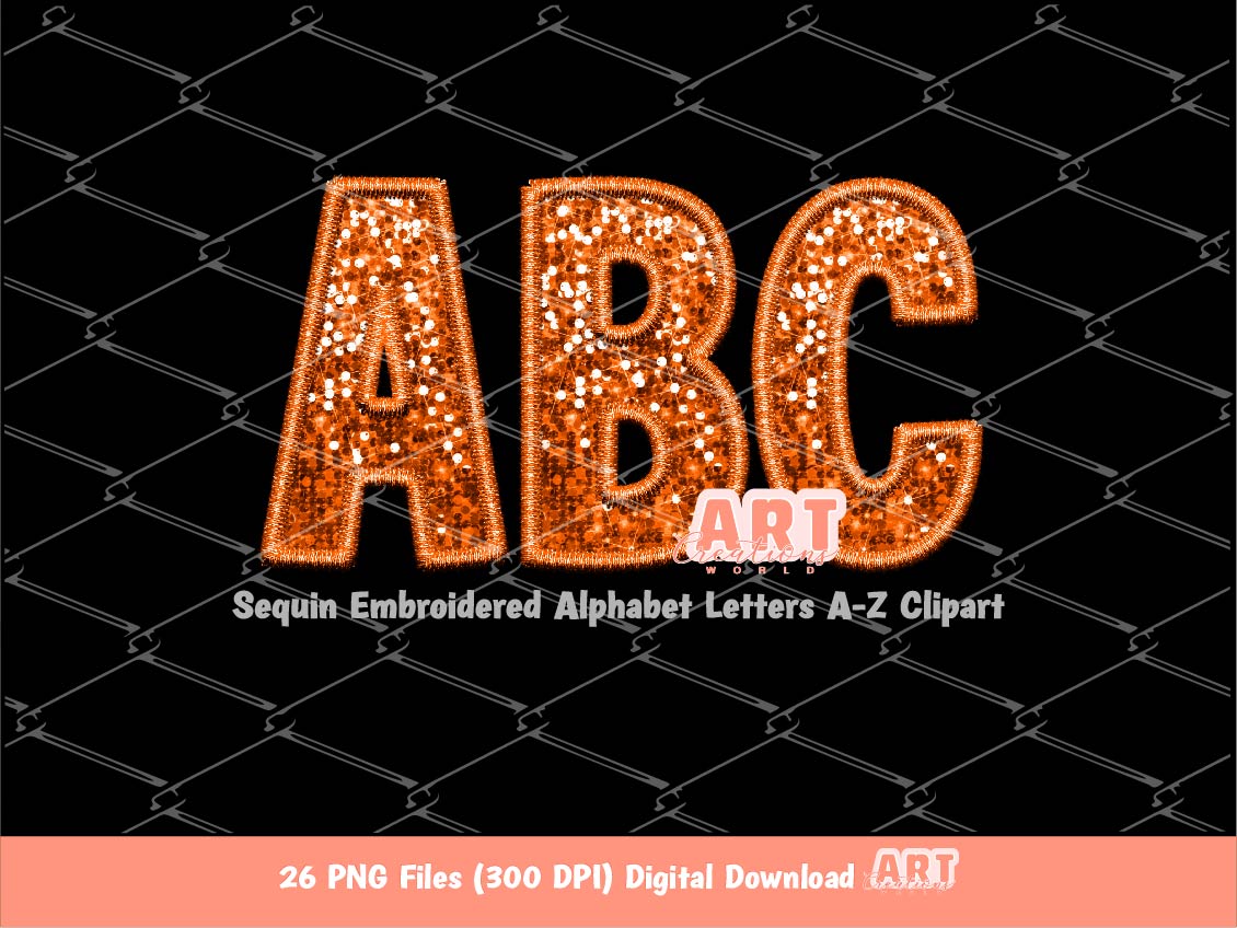 Orange Sequin Letters PNG, Faux Embroidered Glitter Sequins PNG Alphabet Set Clipart, Custom Team name Mascot colors Digital Download