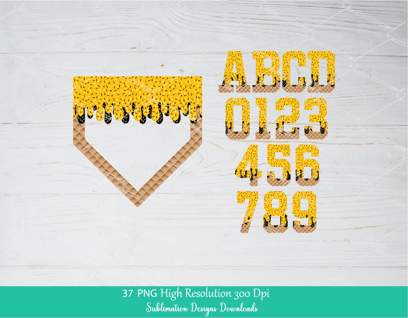 Gold Sprinkle Drip Home Plate Alphabet Set PNG Bundle, Mustard Yellow Drippy Ice cream Cone Waffle Trendy Sport Alpha Letters & Number 0-9 Png