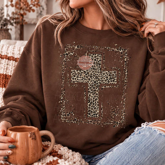 Leopard Cross PNG, Distressed Western Cross Sublimation Design, Christian Faith Fall Shirt, Xmas Rustic Cheetah Print Cross