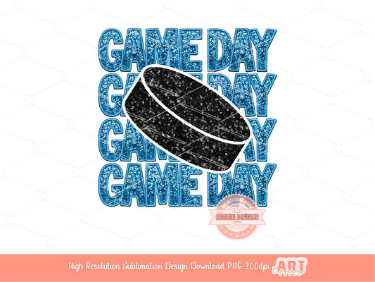 Game Day Hockey PNG, Blue Faux Embroidery Glitter Sequin Hockey Puck Png file Sublimation, dtf Shirt Design Digital Download