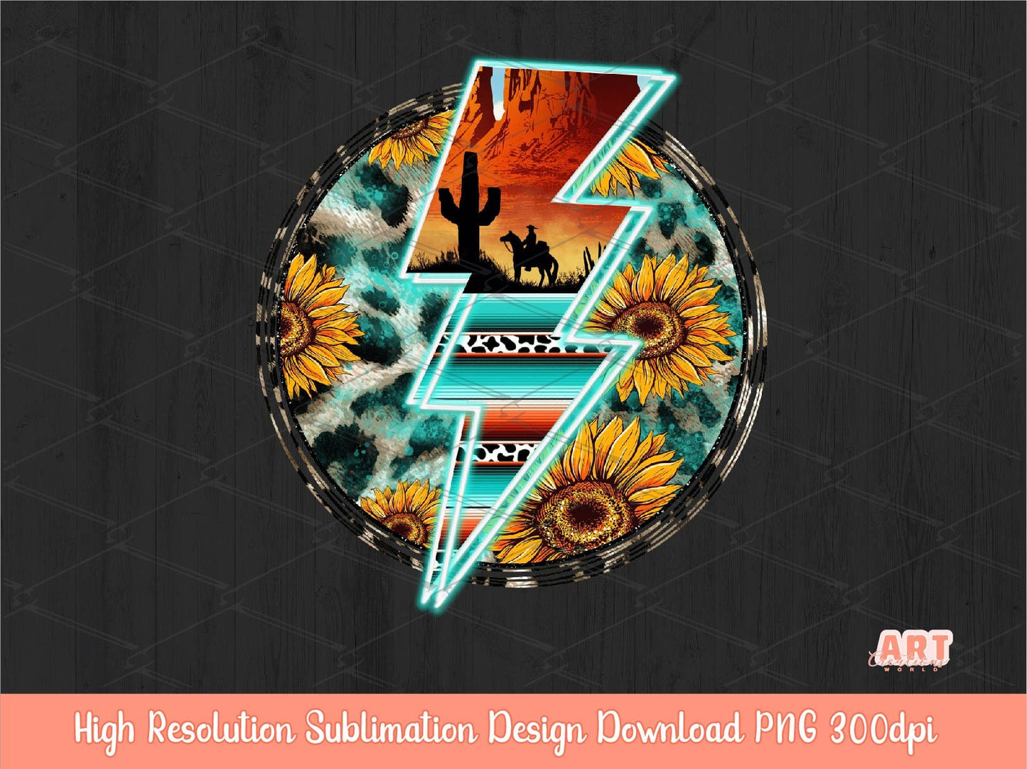Western Lightning Bolt PNG, Cowboy Sunflower Background Sublimation, Trendy Country Turquoise Serape Shirt Design