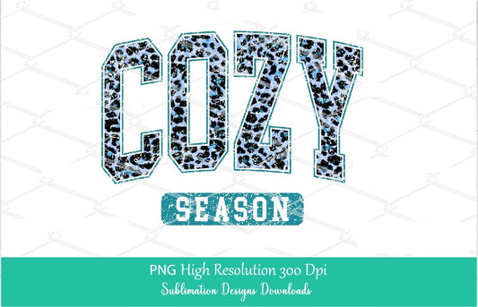 Cozy Season PNG, Retro Grunge Teal Blue Leopard Varsity Sublimation Design, Distressed Turquoise Western Winter Fall Vibes Clipart