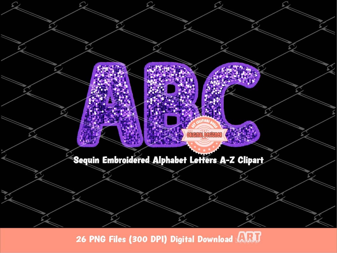 Purple Sequin Letters PNG: Faux Embroidery Glitter Alphabet Clipart
