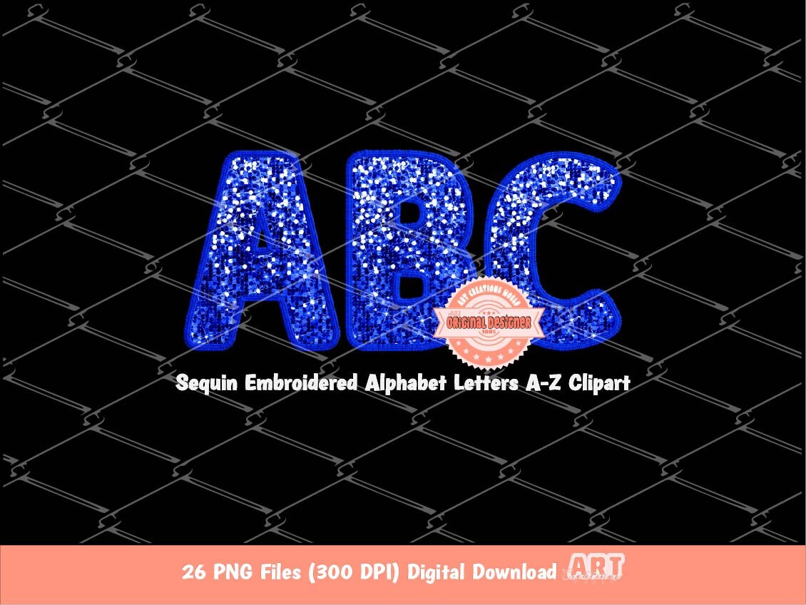 Blue Sequin Alphabet PNG, Faux Yarn Glitter Embroidery Letters Clipart