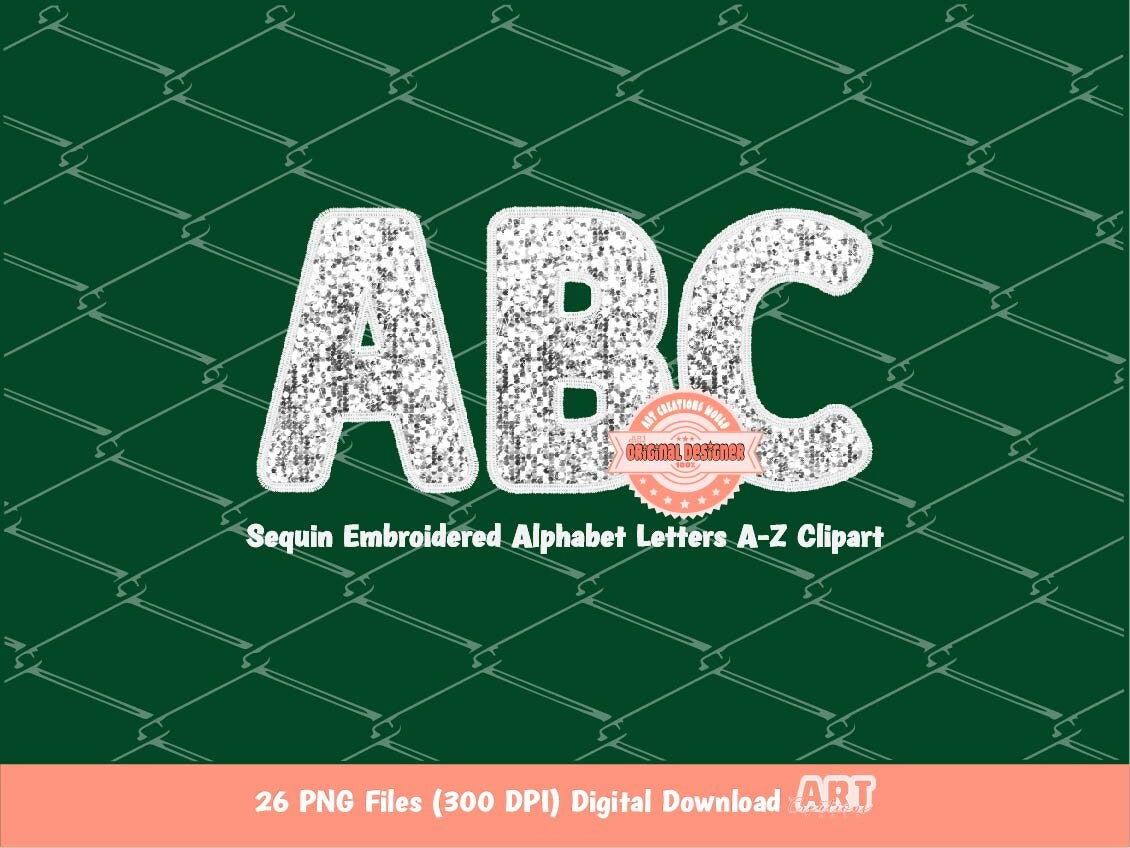 Sequin Alphabet Clipart, White Faux Embroidery Glitter Letters Clipart (Digital Download)