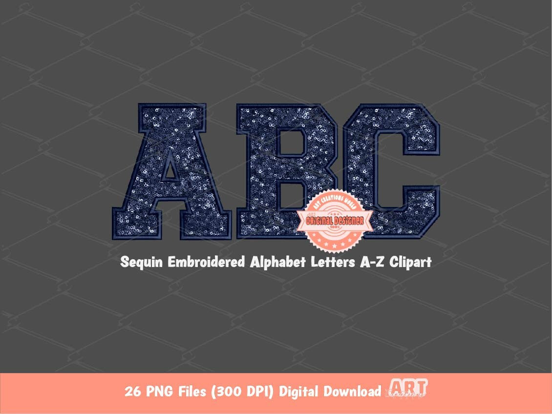 Navy Sequin Varsity Alphabet PNG, Faux Embroidery letters Clipart