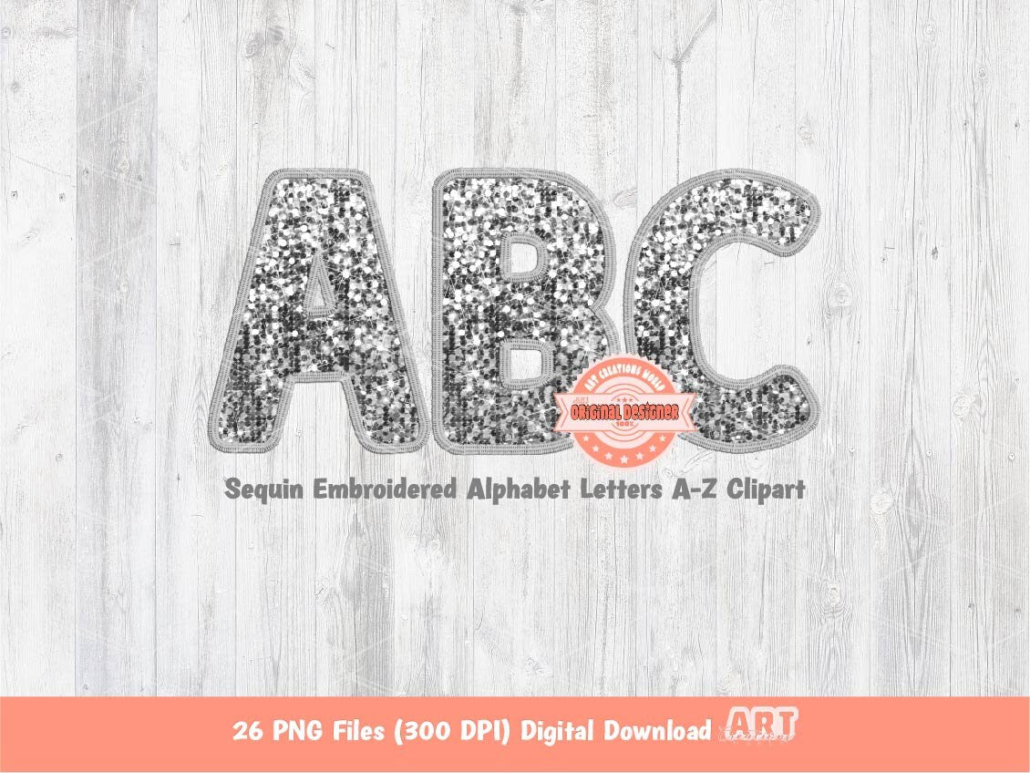 Silver Sequin Letters PNG, Faux Embroidery Alphabet Clipart (Digital Download)