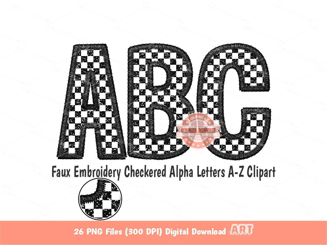 Faux Embroidery Checkered Letters PNG, Glitter Racing Black and white Alpha Set Clipart, Checkerboard Alphabet Sublimation Digital Download