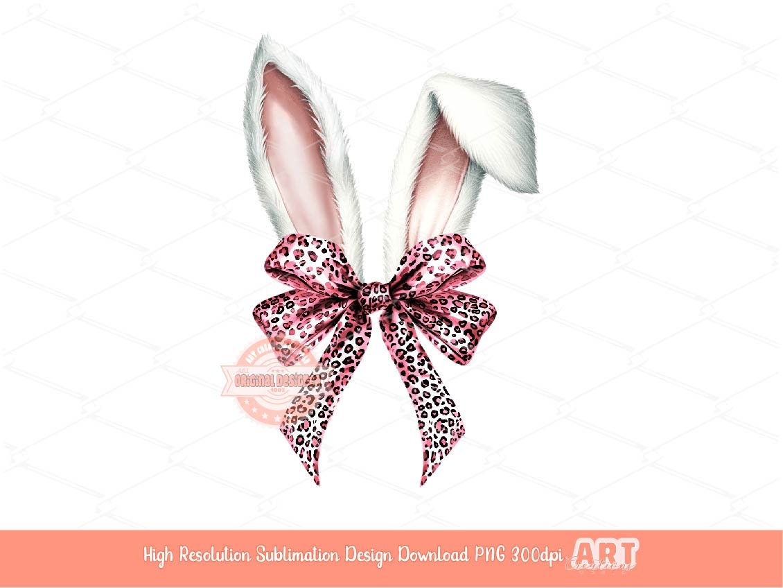 Coquette Bunny Ears PNG, Watercolor Pink Ribbon Leopard Bow Rabbit PNG Sublimation Cute Trendy Girly Easter T shirt Design Digital Download