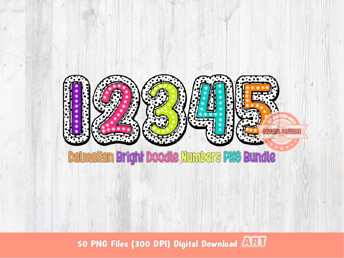Bright Dalmatian Numbers PNG Bundle, Colorful Doodle Numbers set Clipart (Digital Download)