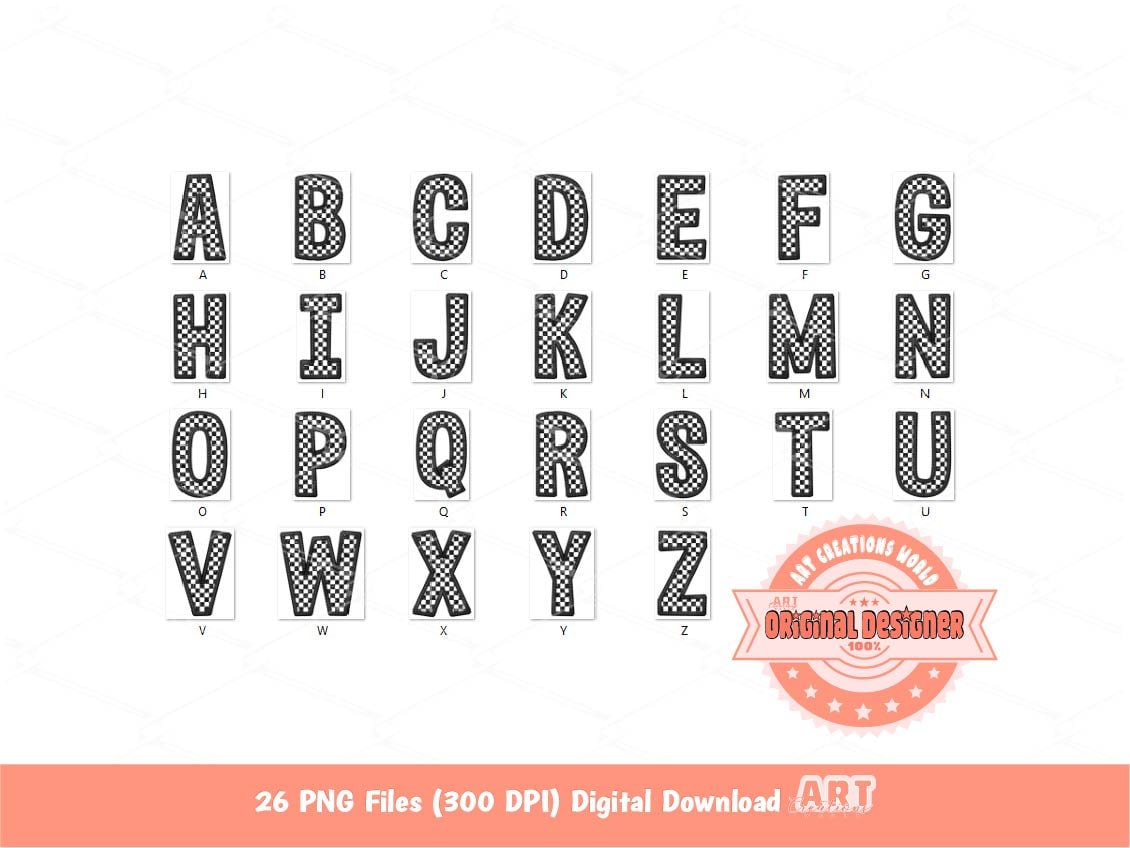 Faux Embroidery Checkered Letters PNG, Glitter Racing Black and white Alpha Set Clipart, Checkerboard Alphabet Sublimation Digital Download