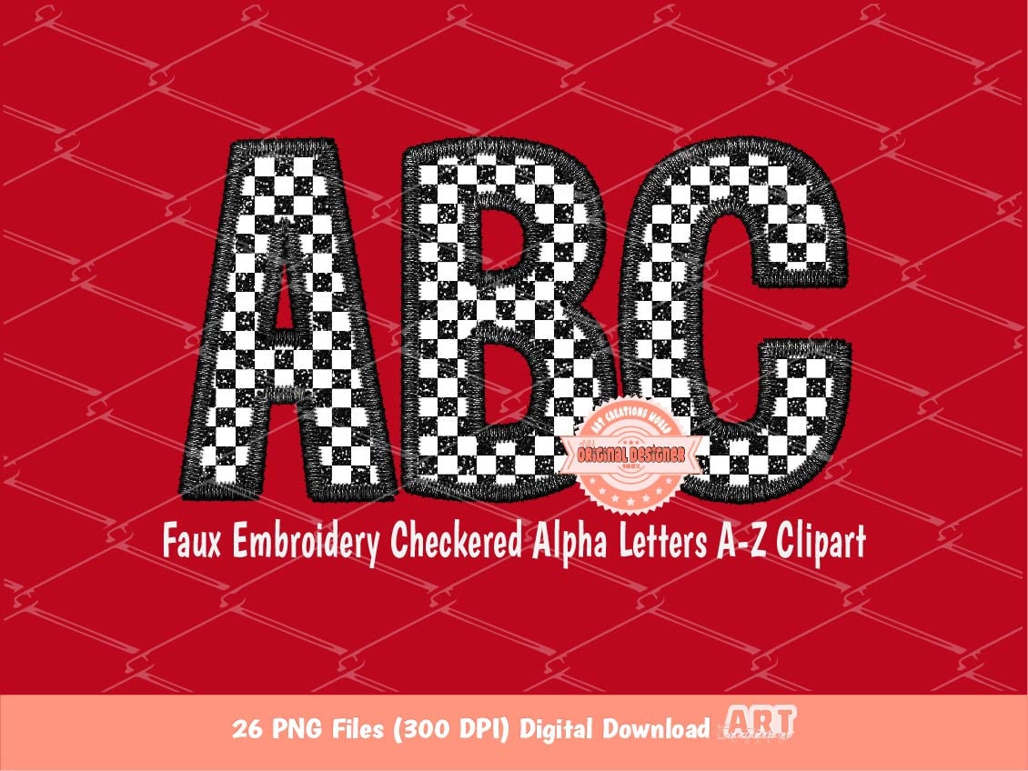 Faux Embroidery Checkered Letters PNG, Glitter Racing Black and white Alpha Set Clipart, Checkerboard Alphabet Sublimation Digital Download