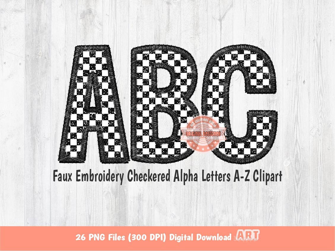 Faux Embroidery Checkered Letters PNG, Glitter Racing Black and white Alpha Set Clipart, Checkerboard Alphabet Sublimation Digital Download