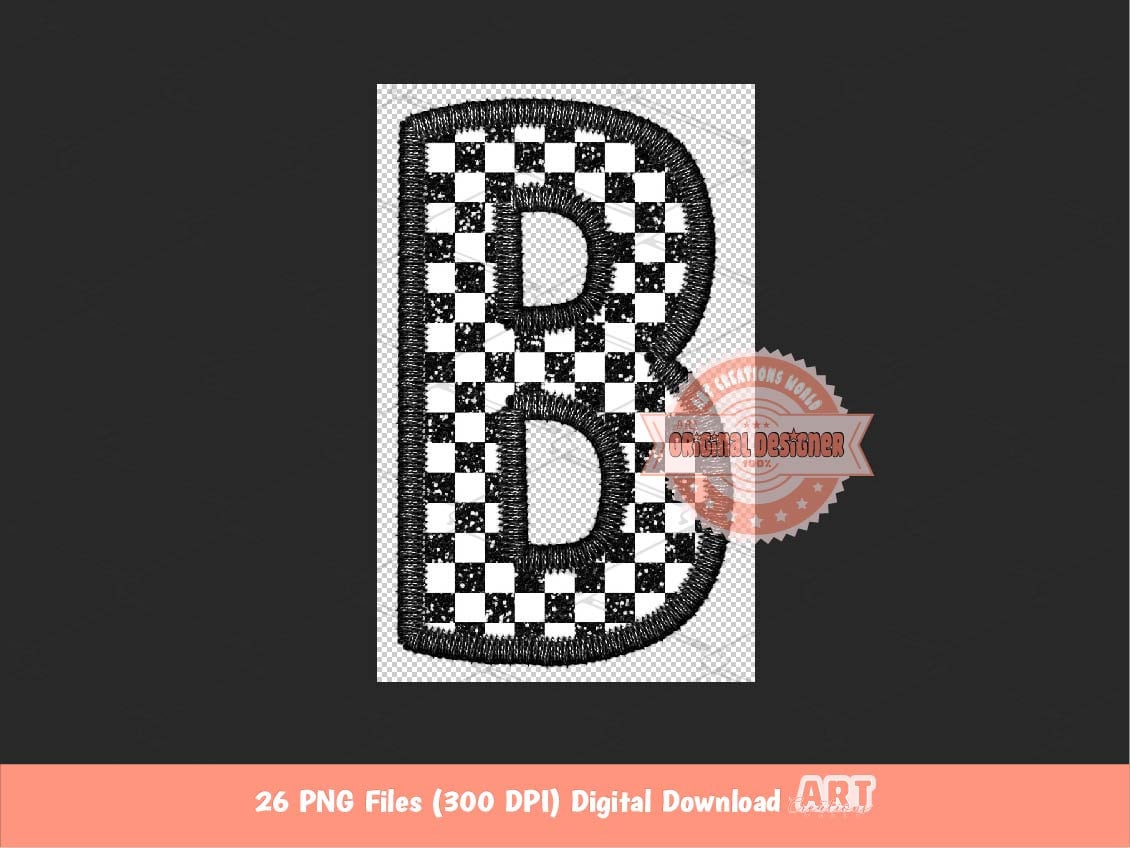 Faux Embroidery Checkered Letters PNG, Glitter Racing Black and white Alpha Set Clipart, Checkerboard Alphabet Sublimation Digital Download