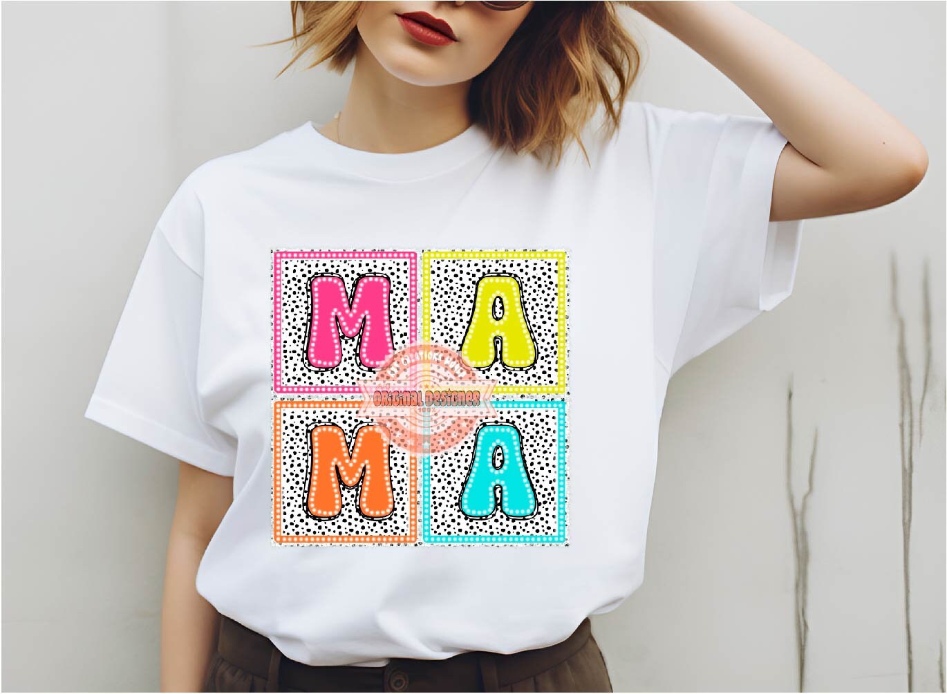 Mama Bright Dalmatian Doodle PNG, Colorful Dots letters PNG Sublimation & DTF, Neon Retro Square Spots Mom Shirt Design Digital Download