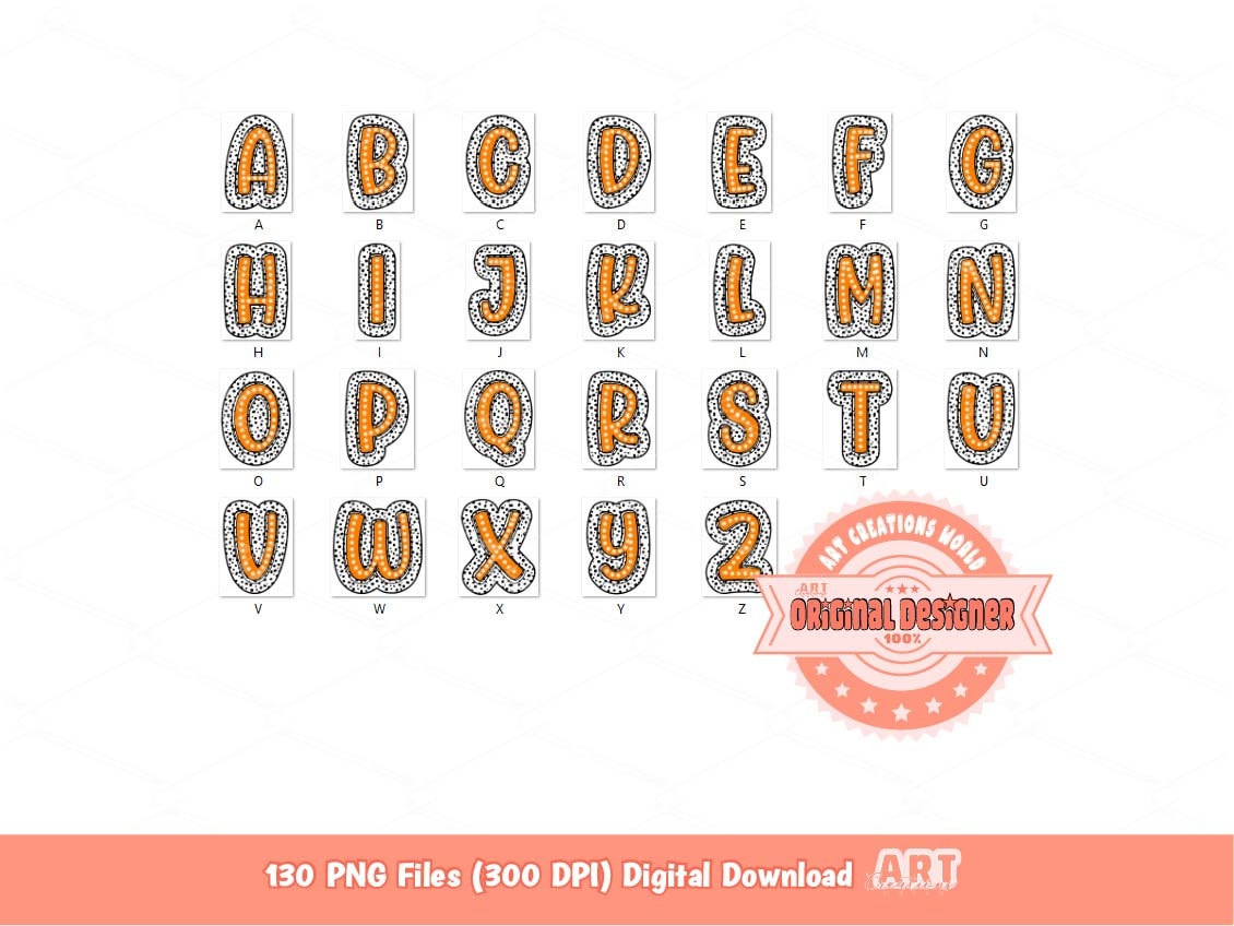 Colorful Dalmatian Letters PNG Bundle, Hand Drawn Bright Doodle Alpha A-Z Set Clipart Marquee Dots Alphabet Sublimation Digital Download