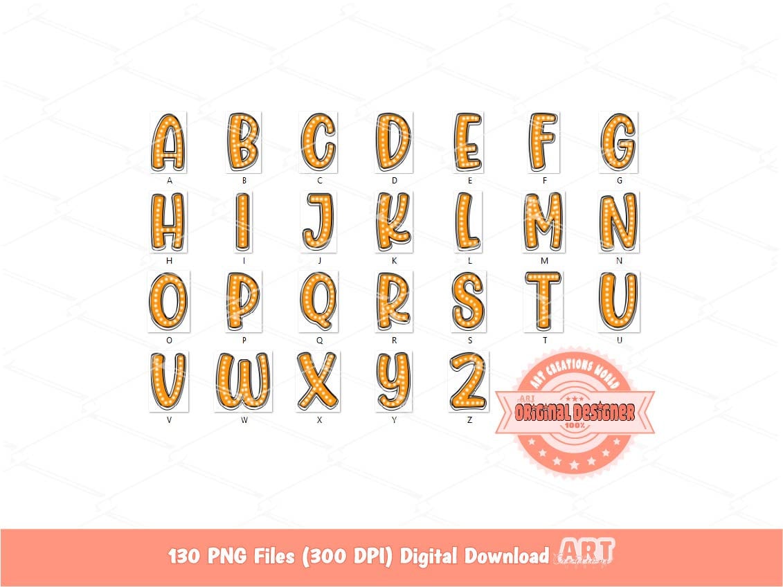 Bright Doodle Letters PNG Bundle, Hand Drawn Neon colors Alpha A-Z Set Clipart, Sparkling Marquee Dots Alphabet Sublimation Digital Download