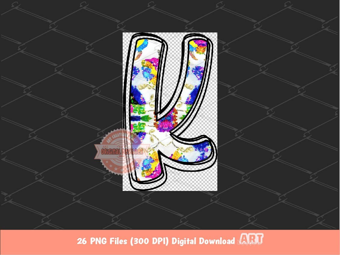 Bright Floral Sequin Doodle Letters PNG, Trendy Vibrant colors Alpha A-Z Set Clipart Glitter Alphabet for Sublimation & DTF Digital Download