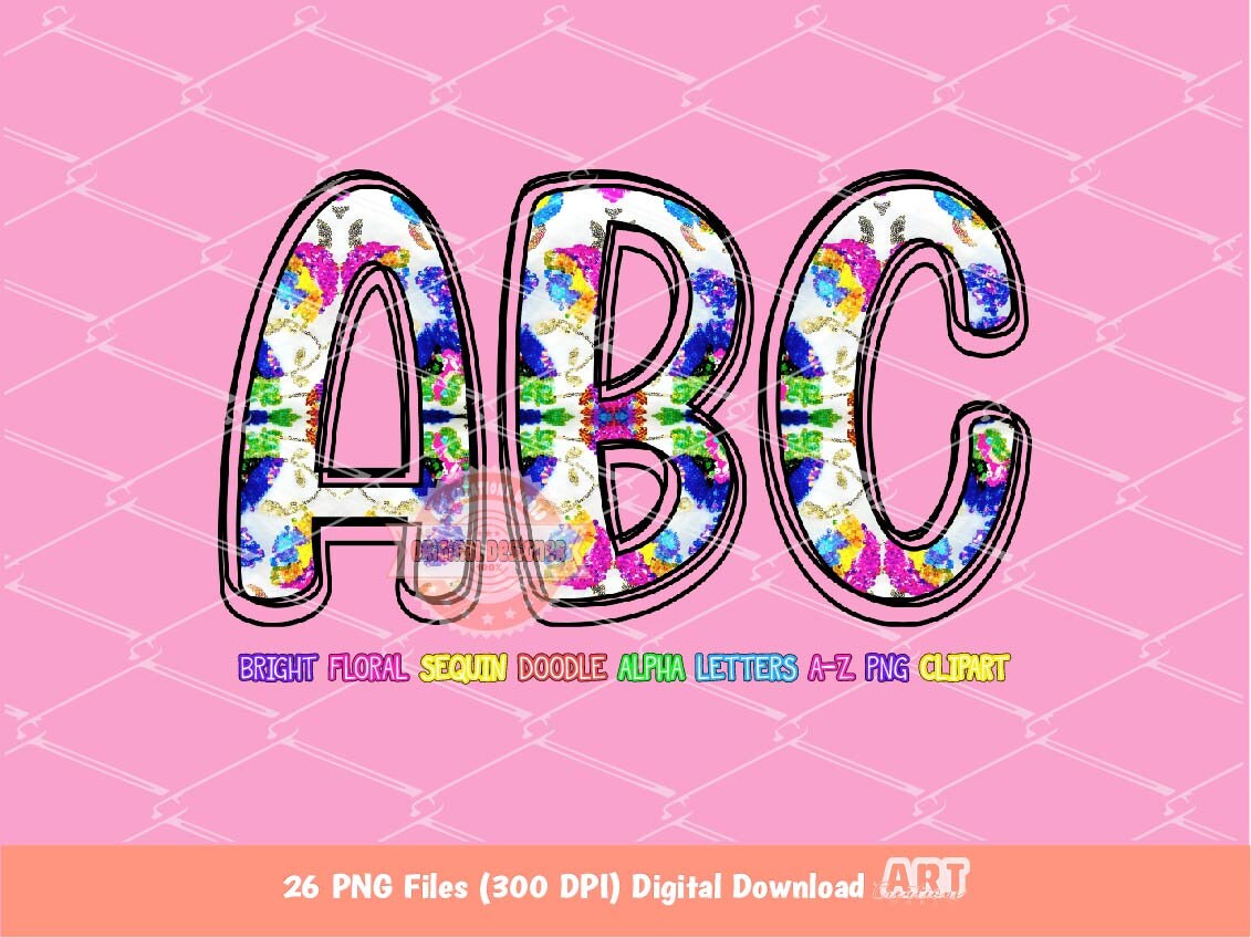 Bright Floral Sequin Doodle Letters PNG, Trendy Vibrant colors Alpha A-Z Set Clipart Glitter Alphabet for Sublimation & DTF Digital Download