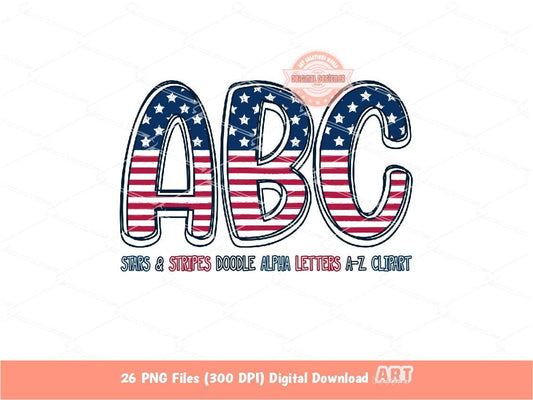 Stars and Stripes Doodle Letters PNG, Distressed 4th Of July Alpha A-Z Set Clipart Patriotic Alphabet for Sublimation & DTF Digital Download