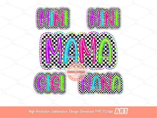 Mama Mini Bright Distressed Checkered Doodle PNG Bundle, Matching Neon Retro Colorful Nana Gigi Mimi Sublimation Dtf Shirt Design Download