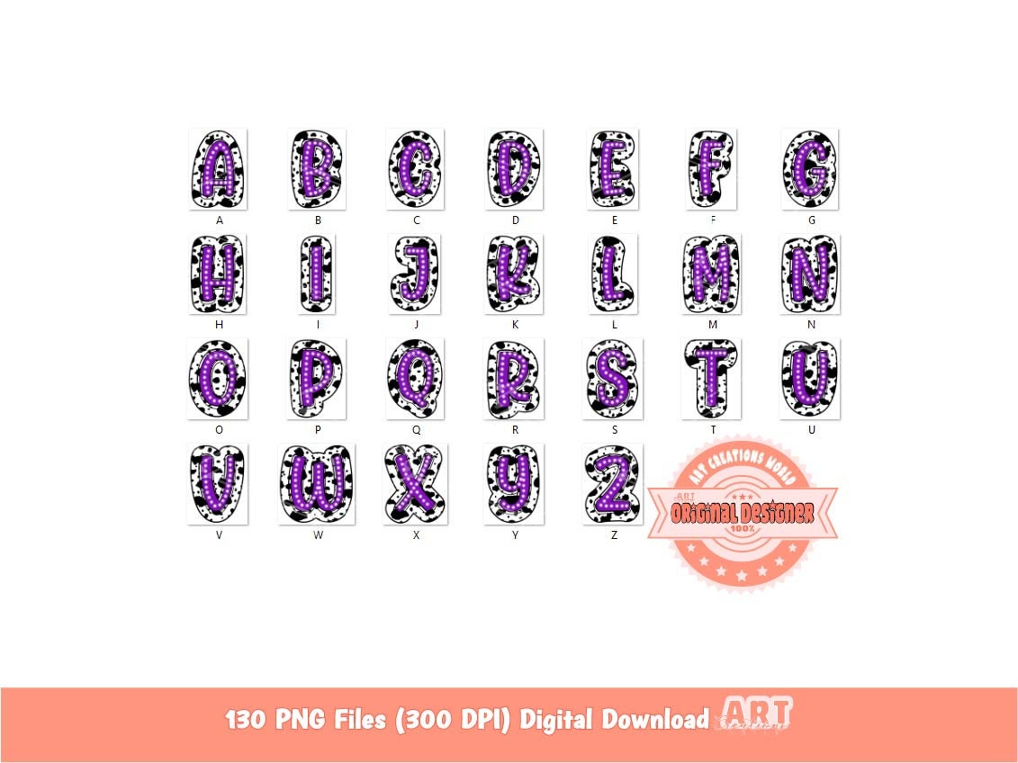 Colorful Cow Print Letters PNG Bundle, Hand Drawn Bright Doodle Alpha A-Z Set Clipart Cowgirl western Alphabet Sublimation Digital Download