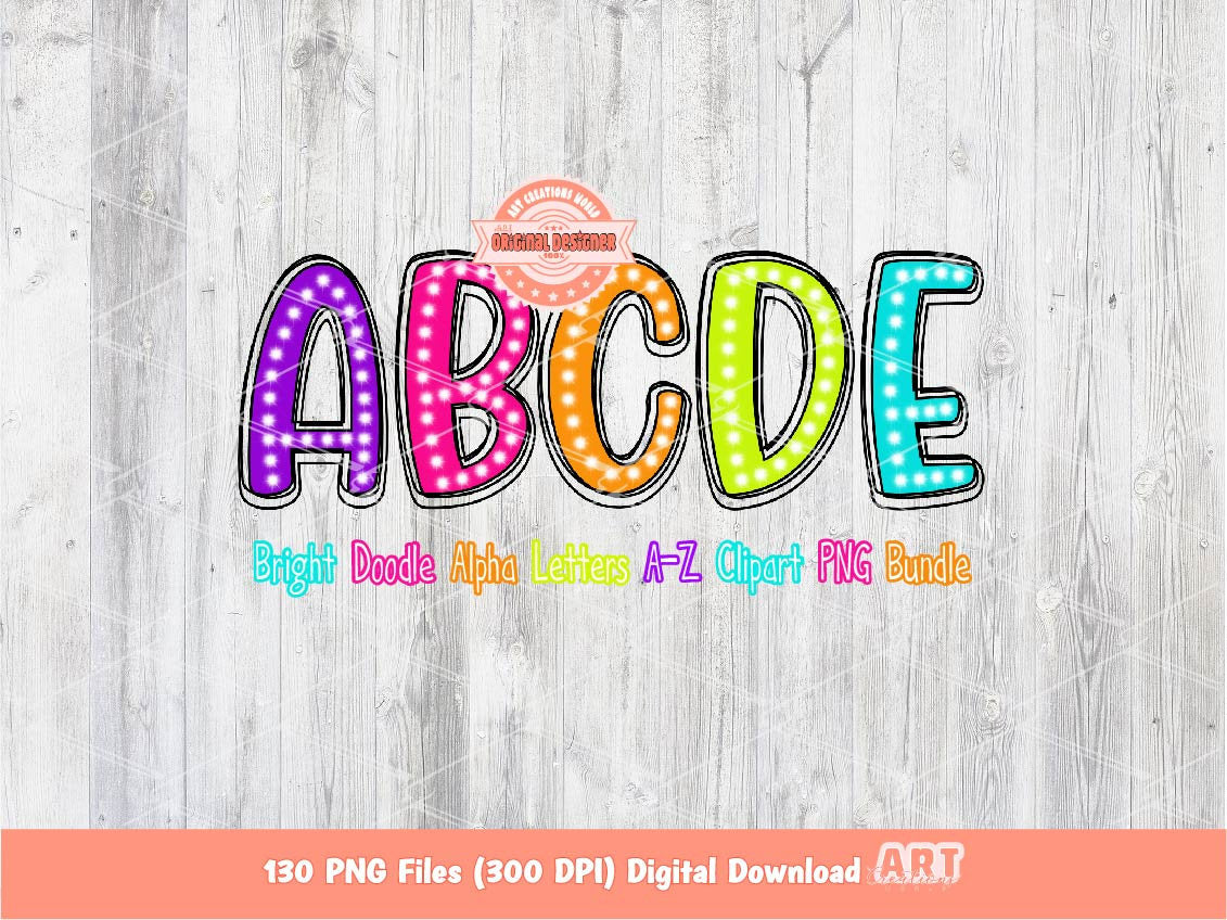 Bright Doodle Letters PNG Bundle, Hand Drawn Neon colors Alpha A-Z Set Clipart, Sparkling Marquee Dots Alphabet Sublimation Digital Download