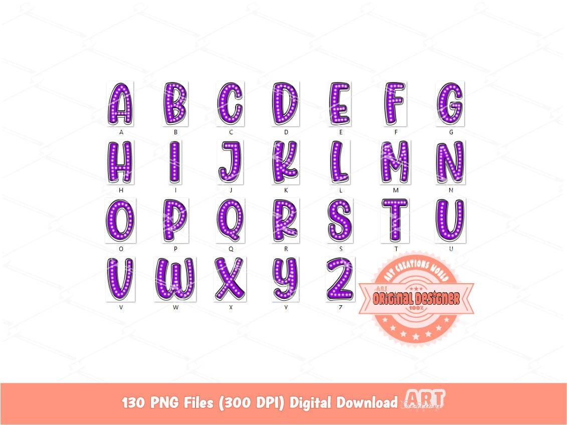 Bright Doodle Letters PNG Bundle, Hand Drawn Neon colors Alpha A-Z Set Clipart, Sparkling Marquee Dots Alphabet Sublimation Digital Download