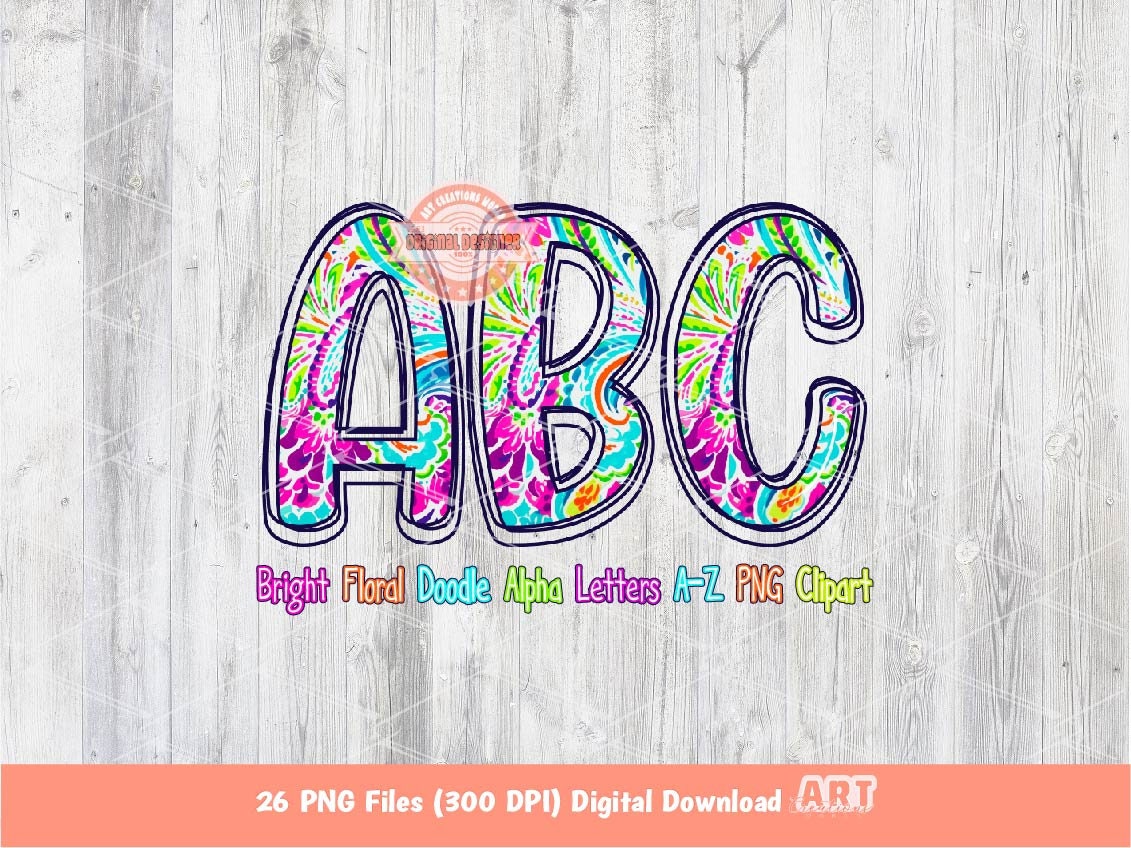 Bright Floral Doodle Letters PNG, Hand Drawn Neon colors Alpha A-Z Set Clipart Cute Flowers Alphabet for Sublimation & DTF Digital Download