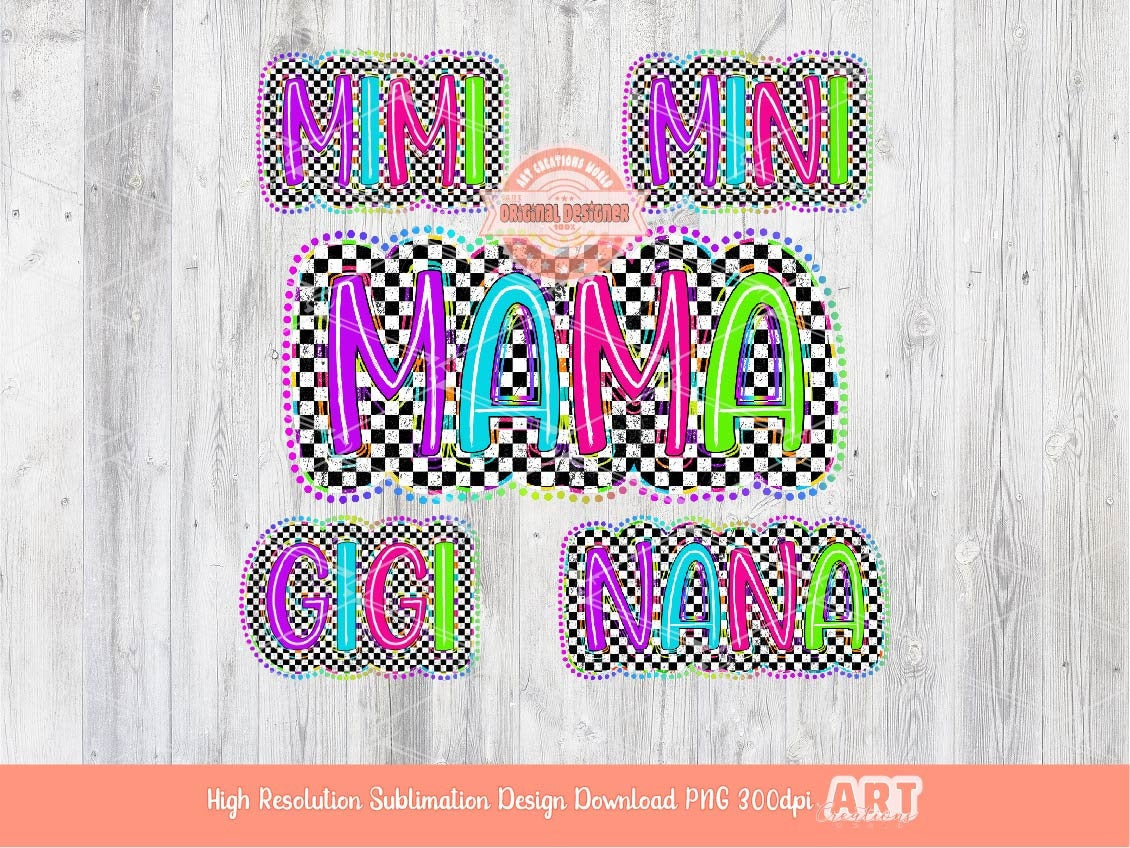 Mama Mini Bright Distressed Checkered Doodle PNG Bundle, Matching Neon Retro Colorful Nana Gigi Mimi Sublimation Dtf Shirt Design Download