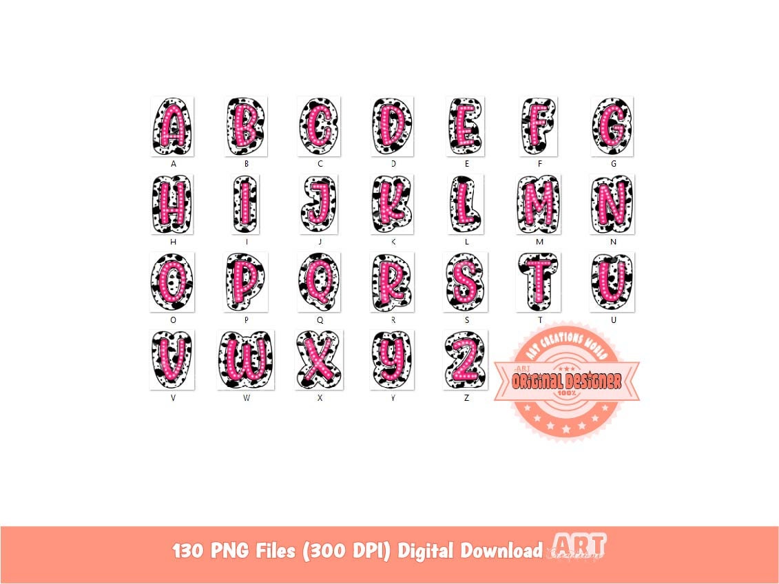 Colorful Cow Print Letters PNG Bundle, Hand Drawn Bright Doodle Alpha A-Z Set Clipart Cowgirl western Alphabet Sublimation Digital Download