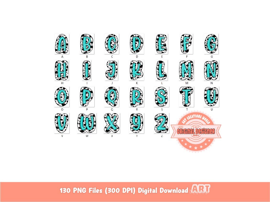 Cow Print Doodle Alpha PNG Bundle, Bright Colorful Western Letters set Clipart