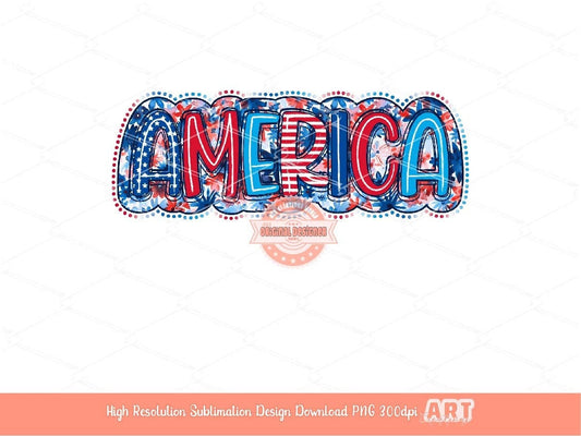 America Floral PNG, Bright red navy blue white doodle letters, 4th of July Patriotic Png, USA Independence Day Sublimation, dtf Shirt Design