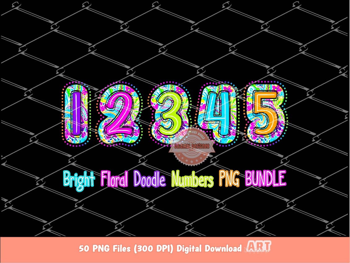 Bright Doodle Numbers PNG Bundle, Hand Drawn Colorful Paisley Floral Number 0-9 Set Clipart Neon Trendy Numbers Sublimation Digital Download