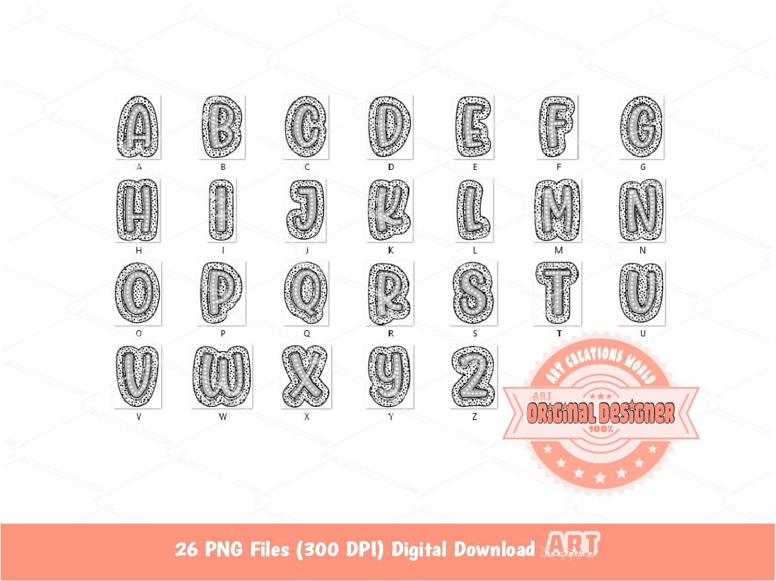 Light Grey Dalmatian Letters PNG, Hand Drawn Bright Blue Doodle Alpha A-Z Set Clipart Dots Alphabet for Sublimation & DTF Digital Download