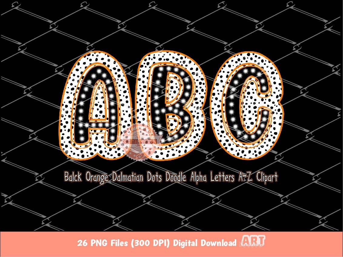Black Orange Dalmatian Letters PNG, Hand Drawn Bright Doodle Alpha A-Z Set Clipart Dots Alphabet for Sublimation and DTF Digital Download