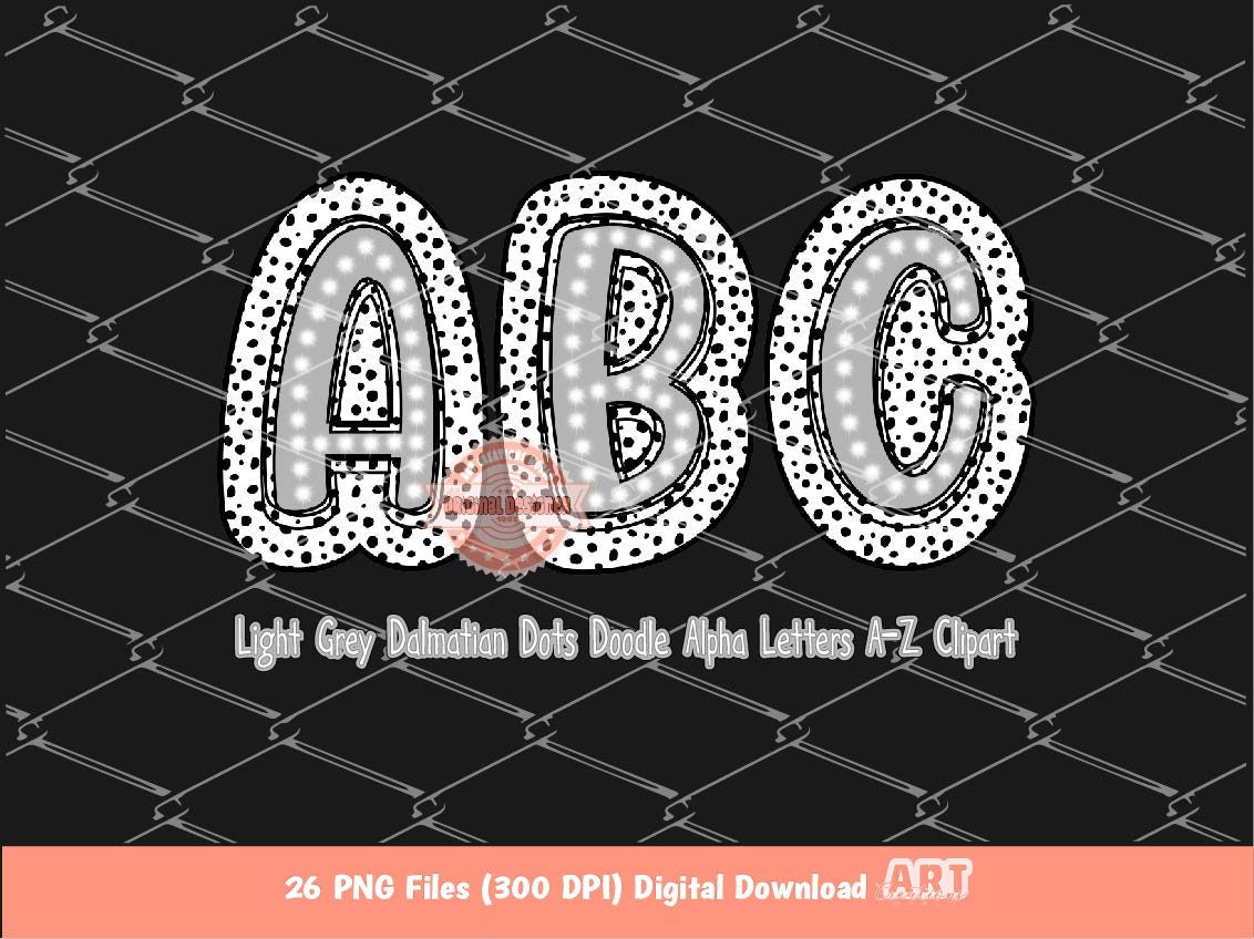 Light Grey Dalmatian Letters PNG, Hand Drawn Bright Blue Doodle Alpha A-Z Set Clipart Dots Alphabet for Sublimation & DTF Digital Download