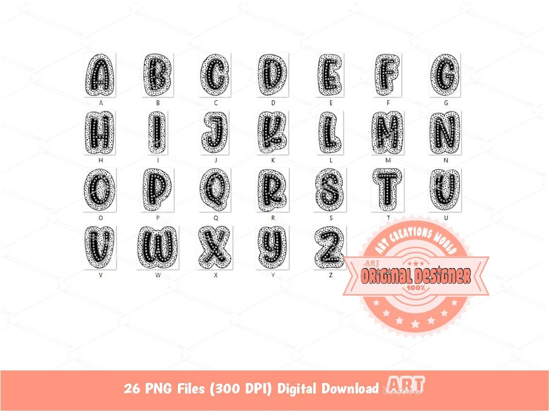 Black Dalmatian Letters PNG, Hand Drawn Bright Doodle Alpha A-Z Set Clipart, Dark Dots Alphabet for Sublimation and DTF Digital Download